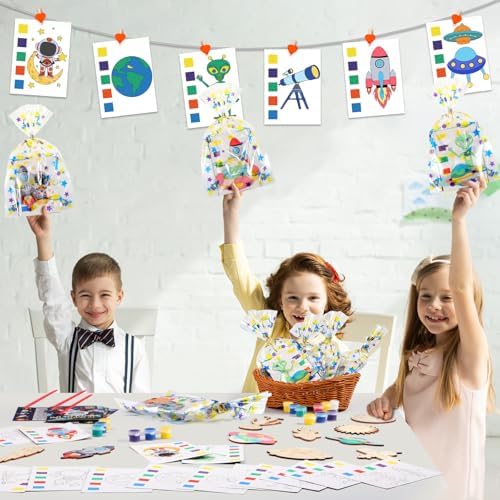 Pasimy 162 Pcs Space Party Favors Solar System Craft Kits Party Supplies Space Birthday Painting Kit Watercolor Card Wooden Cutout Galaxy Goodie Bag for Astronaut Planet DIY Project Activities(Planet) - Image 6
