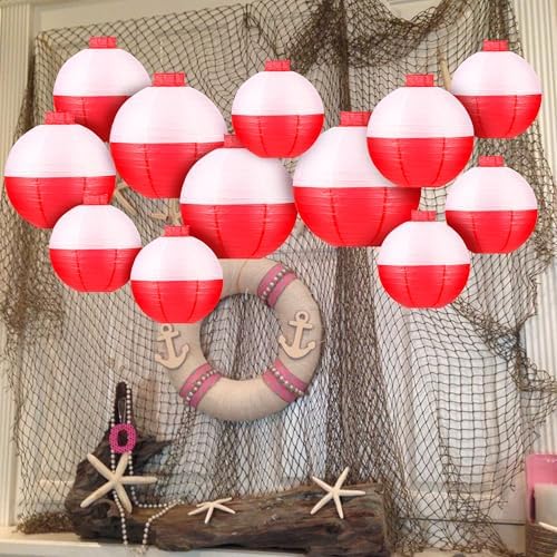 Fishing Bobber Paper Lanterns Round Decoration Lantern 12 PCS Red and White Hanging Paper Lanterns for Fishermen Theme Party Decoration Supplies Birthday Decor - Image 5