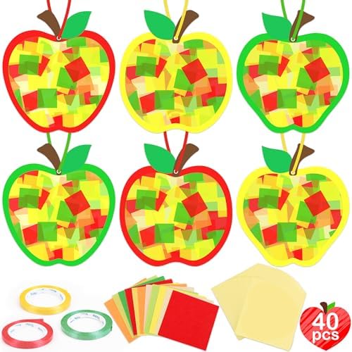 Renbuzhu 40PCS Back to School Apple-Shaped Crafts Bulk: Tissue Paper Sign Suncatchers, First Day of Classroom Activities DIY Kit, Fall Decorations, Window Stained Glass Effect Art Supplies by Renbuzhu