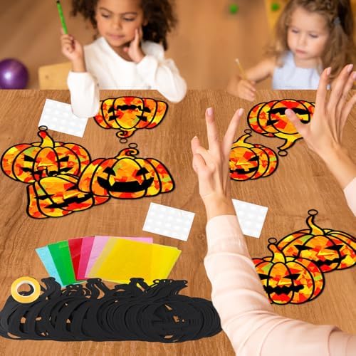 32 Sets Fall Halloween Pumpkin Suncatchers Craft Kit DIY Window Stained Glass Effect Halloween Pumpkin Paper Craft Home School Classroom Decoration Kid Birthday Gift Creative Art Project Activity Game - Image 4