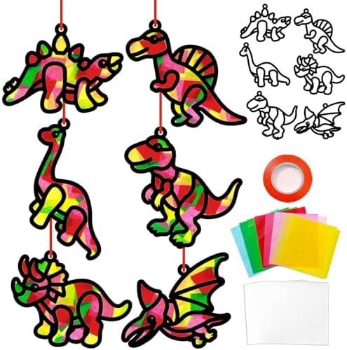 Qyeahkj 36 Set Dinosaur Suncatchers Crafts for DIY Dinosaur Tissue Paper Crafts Window Stained Glass Effect Dino Hanging Decor Home Creative Activity Art Projects Birthday Party Favor Gift by Qyeahkj