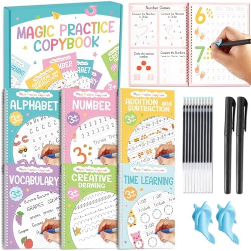 chiazllta 6 Pack Magic Grooved Writing Practice Books with Disappearing Ink Pens Reusable Magical Handwriting Workbooks for Kids Calligraphy Practice Books for Preschool Kindergarten Kids Ages 3-8 by chiazllta