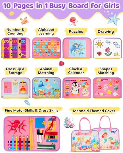 SaFeli Busy Board, Montessori Toys for Girl Birthday Gifts, Learning Toys Sensory Busy Book Toys, Travel Educational Book for Airplane Car | Birthday Gift for Girls, Pink - Image 2