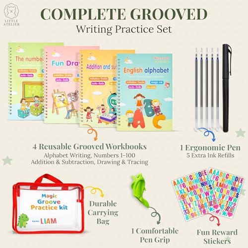 Little Ateliér Magic Grooved Writing Practice for Kids 3-8 Year Old – Reusable Grooved Handwriting Workbooks, Indented Handwriting Practice, Carrying Bag, Stickers, Pen, 5 Refills - Image 2