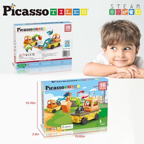 PicassoTiles Magnet Tiles Building Block 2-in-1 Excavator & Backhoe Brick Compatible Construction Playset with Car Base Magnetic Character Action Figure STEM Educational Learning Toy Kit Age 3+ PTU04 - Image 2