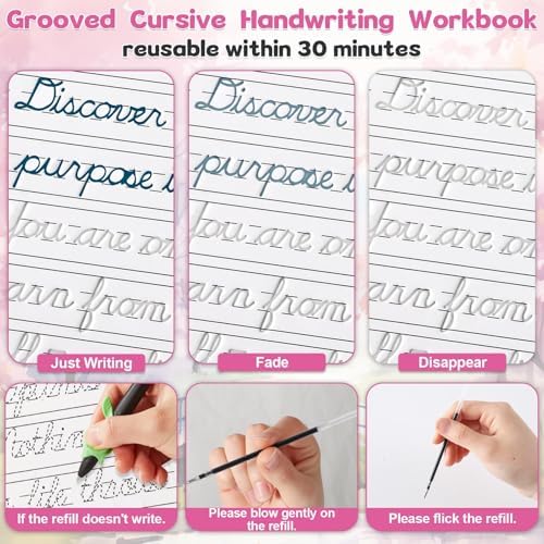gisgfim Grooved Cursive Handwriting Workbook Magic Reusable Grooved Cursive Handwriting Practice Guided Tracing with Disappearing Ink Pens for Beginner Learning Activities Supplies (Inspiring Quotes) - Image 4