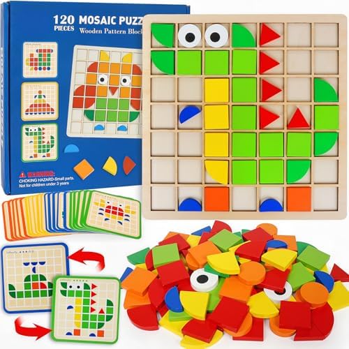 Wooden 120 Pcs Pattern Blocks Geometric Shape Toy Puzzle for Kids 3+ by FQKIOMY
