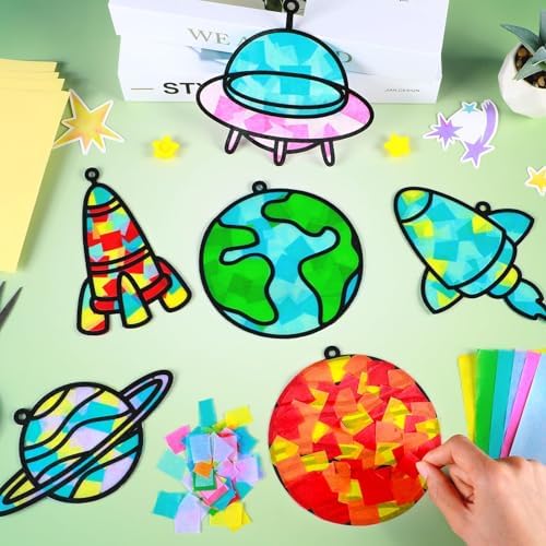 Qyeahkj 36 Set Outer Space Suncatchers Crafts for DIY Solar System Window Tissue Paper Craft Kit Space Hanging Decor for Planet Home Activity Art Project Birthday Party Favor Gift - Image 5