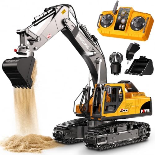 Remote Control Excavator Toys, 3-in-1 Metal Bucket/Claw/Drill, Turns 680° - Construction Toys with Lights/2 Recharge Batteries/Music, Christmas Birthday Gifts Mini RC Excavator Toys Boys for 3+ by CozyBomB