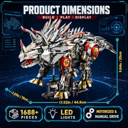 Mechanical Triceratops Dinosaur Building Kit, 1688 Pcs Motorized Walking STEM Toy with 2-in-1 Manual & Electric Battery Motor, LED Lights, Movable Joints, Gift for Kids & Adults - Image 5