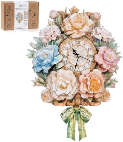 3D Wooden Puzzles for Adults, Flower Clock with Pendulum Model Kit, 3D Puzzles for Adults Room Home Decor DIY Wall Clock Kit, Holiday Birthday Christmas Day Gifts for Men Women by RnfinewowWoodenPuzzles