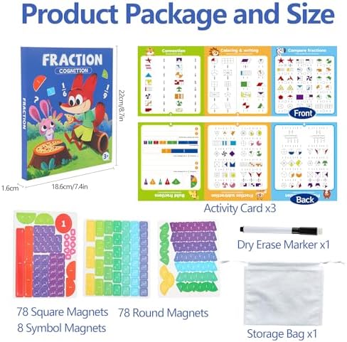 Magnetic Fraction Playbook & Fraction Manipulatives Set, Montessori Magnetic Fraction Book for Kids Grades K-3, Math Manipulatives with Fraction Tiles and Circles, Educational Fraction Games & Puzzle - Image 2