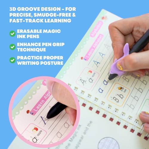 Children's Magic Copybooks - Reusable Grooved Writing Books for Kids - Handwriting Practice Workbooks, Calligraphy Learning Kit & Tracing Tools Set, 4 Books with Pen & Ink Refills (Ages 3-8) - Image 3