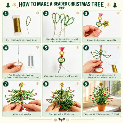 Beaded Christmas Tree Kit 6384pcs Beaded Plants Kit Magnets for Fridge, Green Beads Leaf Glass flowers for Succulent Plant Lover Jewelry Making Diy Craft Gifts Charms Sun Catchers Window Home Décor - Image 4