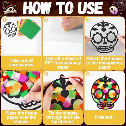 Qyeahkj 36 Set Day of The Dead Suncatchers Crafts for DIY Skull Window Tissue Paper Craft Kit Hanging Decor for Mexico Home Activity Art Project Birthday Party Favor Gift - Image 3