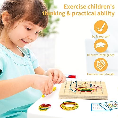 HEELWIRE Wooden Geoboard, Montessori Educational Toy for Kids with Pattern Cards and Rubber Bands to Figures and Shapes, Brain Teaser STEM Geo Board - Image 4