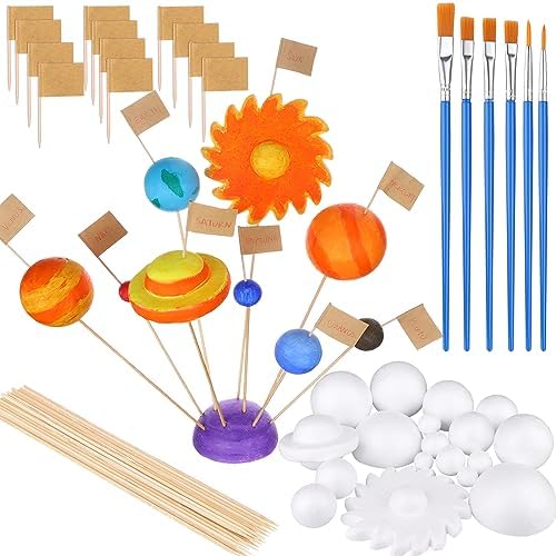 60 PCS Solar System Model Foam Ball Kit Includes 18 Mixed Sized Polystyrene Spheres Balls,18 Pieces Long Bamboo Sticks, 18 pieces Toothpick Flag, and 6 Pcs Painting Brushes for School Science Projects by RUSUANJUN