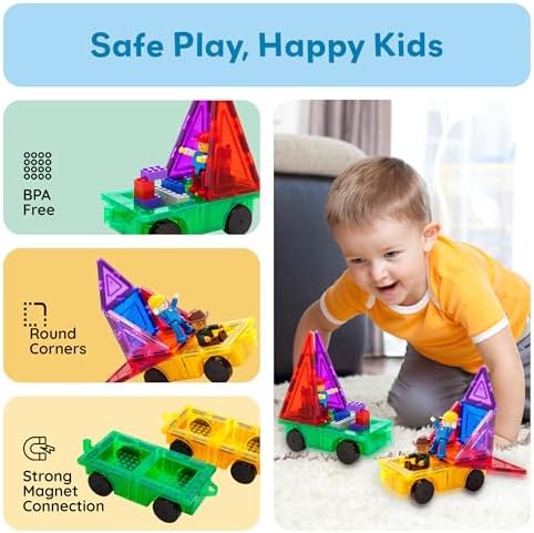 PicassoTiles 2pcs Magnetic Tiles Expansion Car Truck Building Blocks Compatible with regular bricks, Kids Magnet Bricks STEM Learning Toys, Add-ons Toddler Preschool 3 Years and up Boys and Girls PT21 - Image 6
