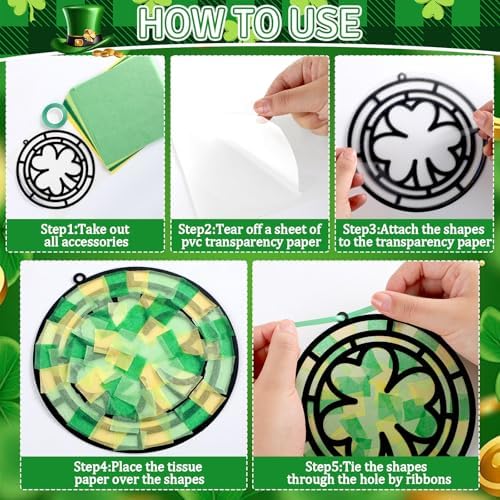 Qyeahkj 36 Set St. Patrick's Day Suncatchers Crafts for DIY Shamrock Window Tissue Paper Craft Kit Hanging Decor for St. Patrick's Day Home Activity Art Project Birthday Party Favor - Image 4