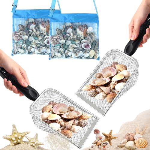 fethwoin 2Pcs Shark Tooth Sifter with 2Pcs Mesh Shell Bags, Beach Sand Sifter, Sea Shell Scooper for Beach, Sand Beach Toys for Kids, Medium, Blue by Unknown