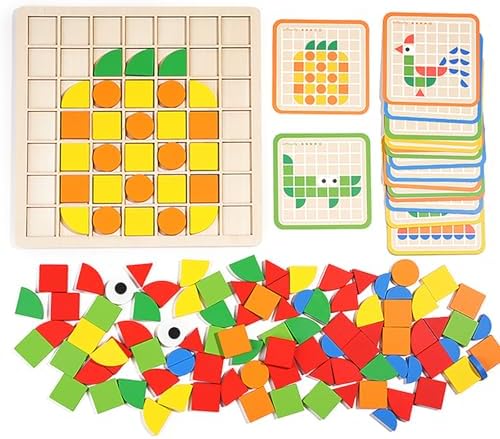 Wooden Pattern Blocks Set 120 Pcs Geometric Shapes Puzzle Classic Montessori Educational Tangram Toys with 24 Design Cards for 4-8 Year Old Kids - Image 5
