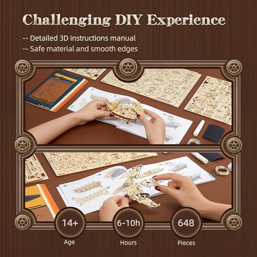 FUNPOLA LED 3D Wood Puzzle Fantasy Airship Model - Steampunk DIY Craft Kit with LED Lights – Intricate Wooden Airship Model Building Set for Adults(Orange) - Image 4