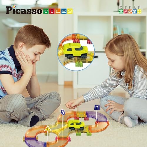 PicassoTiles Race Car Track Magnetic Tiles Travel Toy Sensory Magnet Tile Toys for Toddlers STEM Educational Learning Montessori Play Construction Building Blocks Kids Boys Girls Ages 3+ PTMR40 - Image 3