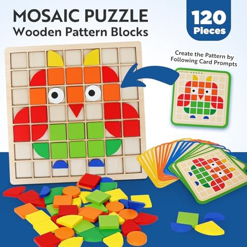 Wooden 120 Pcs Pattern Blocks Geometric Shape Toy Puzzle for Kids 3+ - Image 2