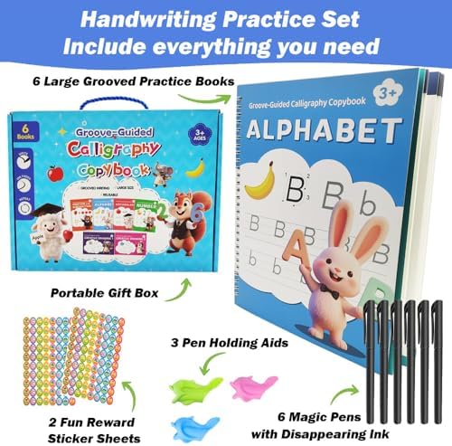 ROYFACC Grooved Writing Books Groove Handwriting Practice for Kids 3-8 Large Reusable Groove Workbooks Tracing Books Preschool Learning Letter Number Math Drawing with Disappearing Ink Pens, 6 Books - Image 2
