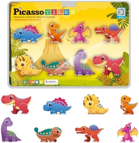 PicassoTiles Dinosaur Toys Magnet Tiles Building Blocks 8 Magnetized Action Figures Compatible Magnetic Construction Build and Play Tile Accessory Toy STEAM Educational Learning Toys Kids Ages 3+ by PicassoTiles