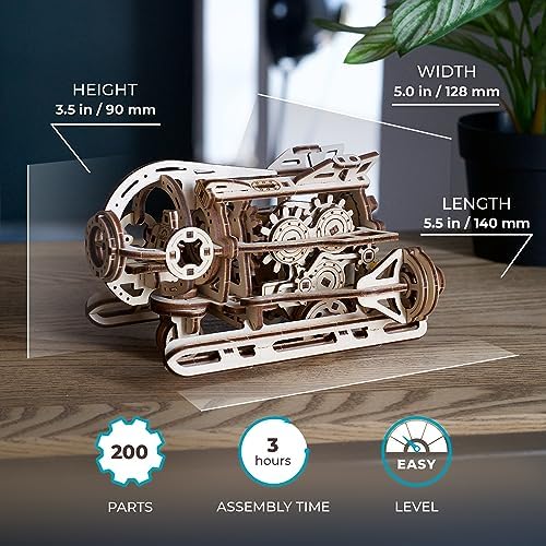 UGEARS 3D Wooden Puzzles for Adults - Steampunk Submarine Wooden Model Kit – Mechanical Puzzle Model Building Kits - DIY Kits for Adults for Maritime Enthusiasts Gifts for Puzzle Lovers - 200 Pcs - Image 2