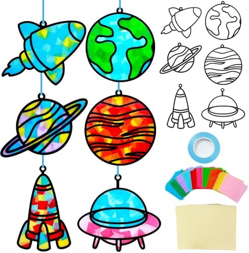Qyeahkj 36 Set Outer Space Suncatchers Crafts for DIY Solar System Window Tissue Paper Craft Kit Space Hanging Decor for Planet Home Activity Art Project Birthday Party Favor Gift by Qyeahkj