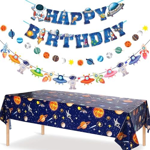 Outer Space Party Decorations - Space Theme Supplies with Happy Birthday Banner Solar System Tablecloth for Galaxy Party Decor (Tablecloth+Flag Banner) by PPXMEEUDC