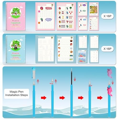 WANFRES Magic grooved Writing Practice Books Great for Beginners, 5 Books, 2 pens, 2 Pencil Grips, 20 Refills. grooved Handwriting Practice for Kids 3-10, Reusable grooved Handwriting workbooks. - Image 6
