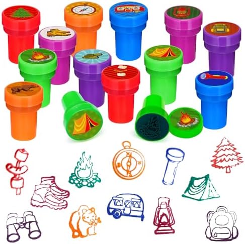Cinrobiye 24 Pcs Camper Stampers Party Favor Set, Cute Camping Adventure Stamps for Kids Birthday Party, Classroom Rewards, Goody Bag Fillers, Outdoor Camping Themed Party Supplies by Cinrobiye