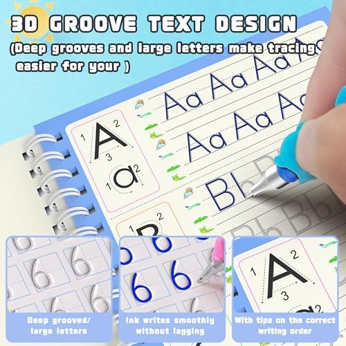 Magic grooved writing practice books Great for beginners, 4 books, 2 pens, 20 refills, 1 Blue pencil case. grooved handwriting practice for kids 3-10, reusable grooved handwriting workbooks. - Image 3