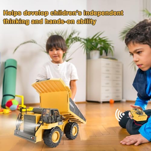 KidsFaves RC Dump Truck, 9CH Remote Control Dump Truck with Metal Dump Bed, 45° Lifting & 360° Rotation, 2 Batteries, Lights & Sounds, Construction Toy for Boys Age 3+ - Image 6