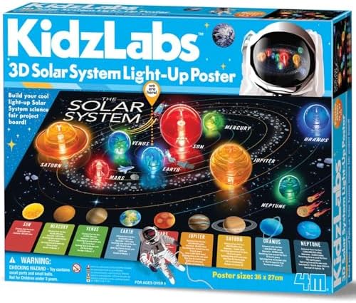 4M KidzLabs 3D Solar System Light-Up Poster for Kids Ages 5-12 – Glow in the Dark Space Science Fair Project Kit with Sun & 8 Planets, STEM Educational Toy, Battery Powered Illuminated Display Board by 4M