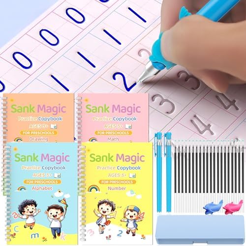 Magic grooved writing practice books Great for beginners, 4 books, 2 pens, 20 refills, 1 Blue pencil case. grooved handwriting practice for kids 3-10, reusable grooved handwriting workbooks. by WANFRES