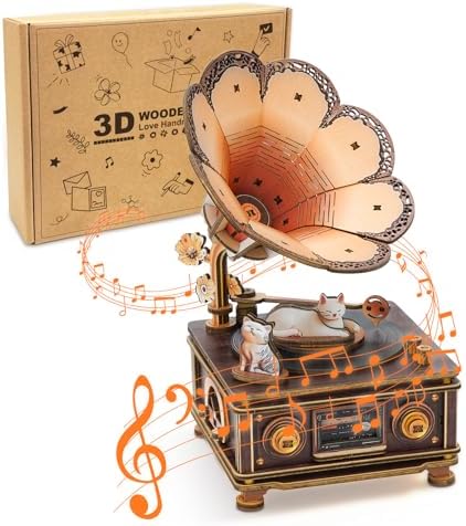 3D Wooden Puzzle Music Box for Adults-Cats Phonograph Music Box by Cutywood