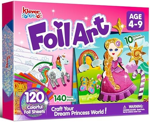 Klever Kits Princess Foil Art Kit for Kids - Arts & Crafts Supplies, Mess Free Coloring, Foil Foam Stickers, Creative Travel Toys, Birthday Gifts for Boys & Girls Ages 4 and Up by KleverKits