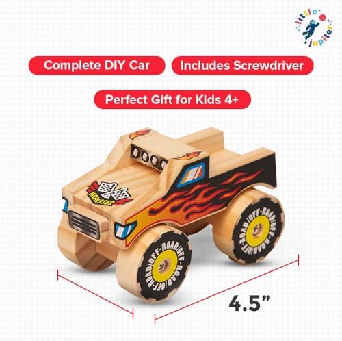 Little Jupiter DIY Wooden Kits w/Stickers - Kids Building Kit - Stem Toys for Ages 4-7 - Wood Crafts for Kids - Woodworking Kits (Monster Truck 1 & Race Car) - Image 3