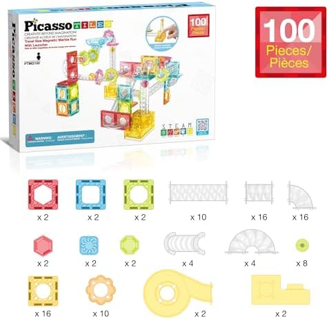 PicassoTiles 100pc Magnetic Marble Run Travel Size Tile Blocks Construction Kids Toy Set On The Go Mini Magnet Tiles Marbles Playset for Race Track Building Block STEM Learning Kit Boy Girl 3+ PTMG100 - Image 3
