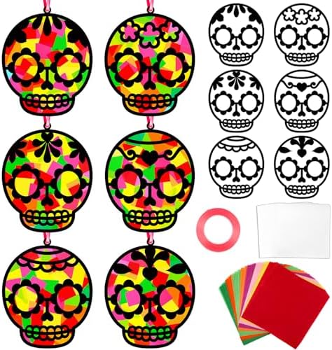 Qyeahkj 36 Set Day of The Dead Suncatchers Crafts for DIY Skull Window Tissue Paper Craft Kit Hanging Decor for Mexico Home Activity Art Project Birthday Party Favor Gift by Qyeahkj
