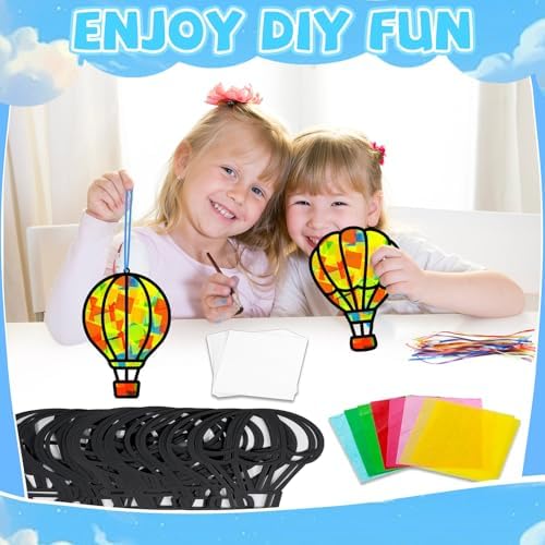 QOUBAI 32 Sets Air Balloons Suncatchers Craft Kit DIY Window Stained Glass Effect Hot Air Balloons VBS Paper Craft Home School Classroom Decoration Kid Birthday Gift Creative Art Project Activity Game - Image 4
