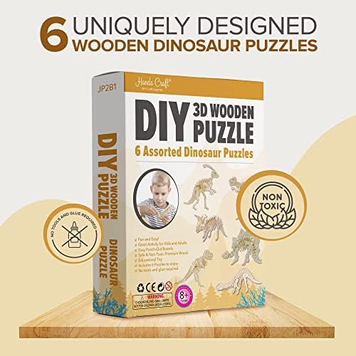 Hands Craft DIY 3D Wooden Puzzle – 6 Assorted Dinosaur Bundle Pack Set Brain Teaser Puzzles Educational STEM Toy Adults and Kids to Build Safe and Non-Toxic Easy Punch Out Premium Wood JP2B1 - Image 2