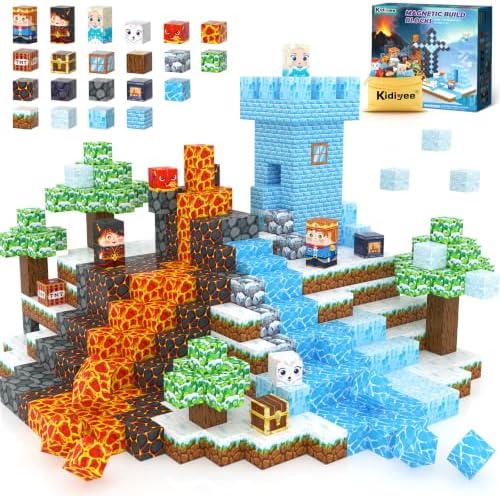 Magnetic Blocks - Build Mine Magnet World Ice Lava Set, Vibrant Colorful Building Blocks with Ultra Magnet Strength for Kids Ages 3-8, STEM Toys Creative Gifts for 3+ Year Old Boys Girls (100PCS/0.8") by MineMagnetWorld