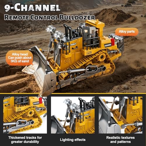 Remote-Controlled Bulldozer, a 9-Channel Toy Bulldozer, 2.4GHz, with Lights and Sound Effects, is The for Children Aged 6-11 and up - Image 3