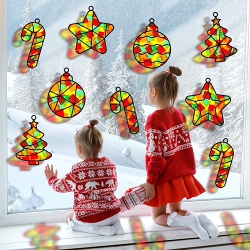 QOUBAI 32 Sets Christmas Theme Suncatchers Craft Kit DIY Window Stained Glass Effect Christmas Theme Paper Crafts Home School Classroom Decoration Kid Birthday Gift Creative Art Project Activity Game - Image 4