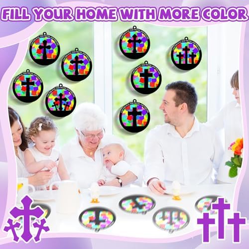 QOUBAI 32 Sets Easter Cross Suncatchers Craft Kit DIY Religious Window Stained Glass Effect Christian VBS Paper Hanging Ornament Kid Sunday School Birthday Gift Creative Art Project Activity Game - Image 6
